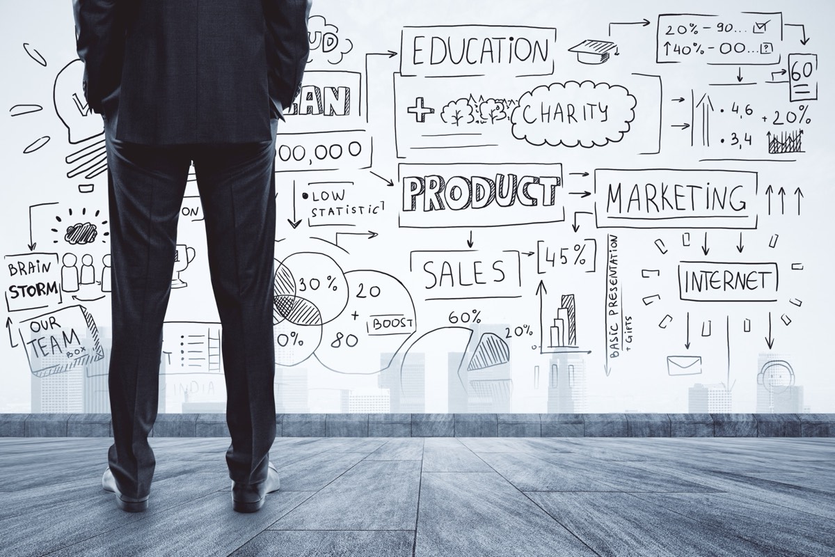 Founder mapping out a product strategy on a whiteboard