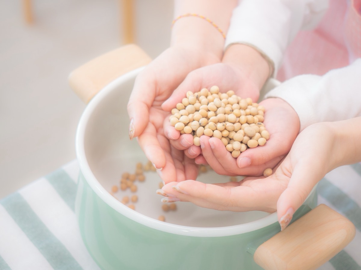 Soybean seeds spilling from a farmer's cupped hands