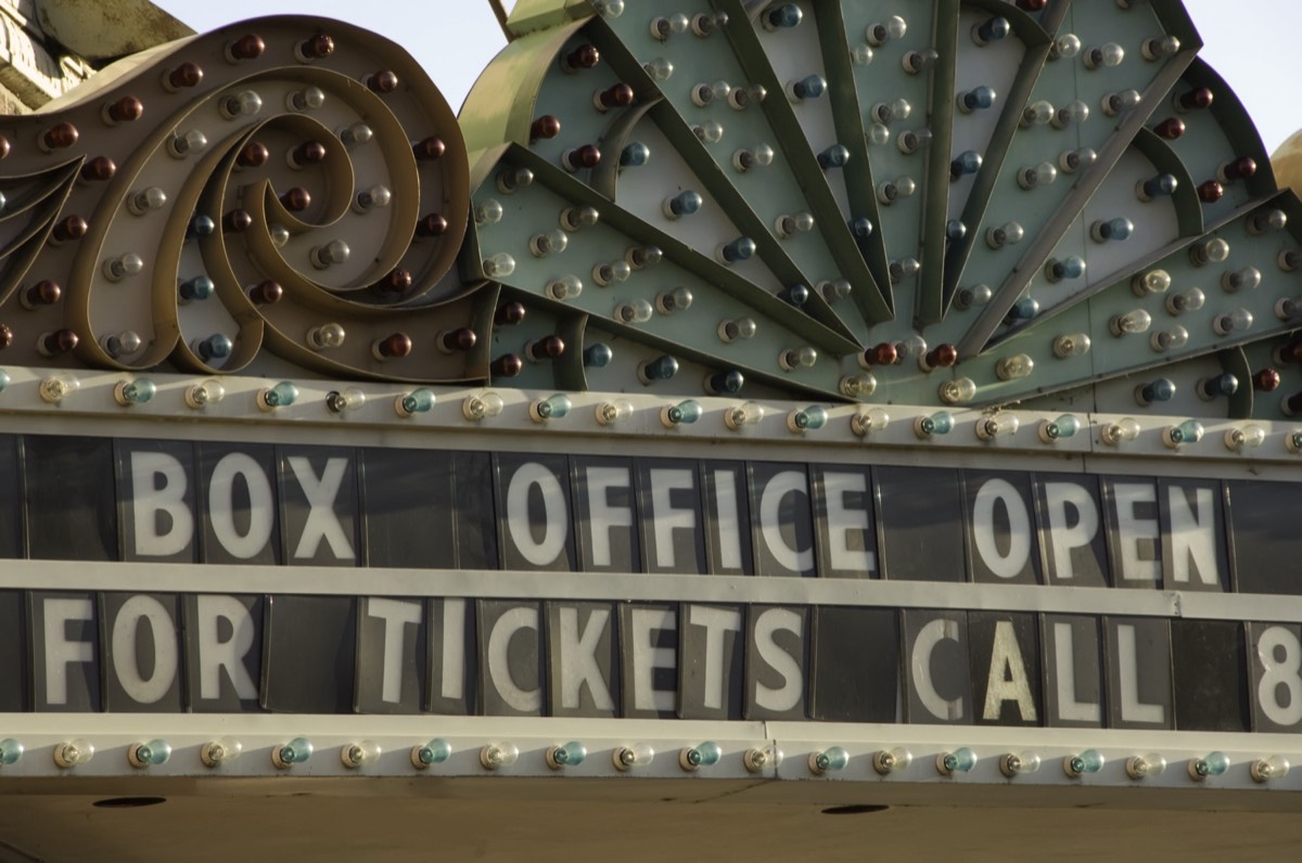 Vintage Hollywood theater marquee and lights at dusk