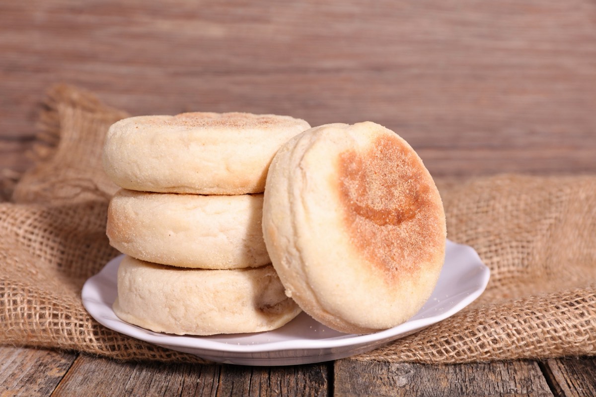 English muffins splitting to show their open interior