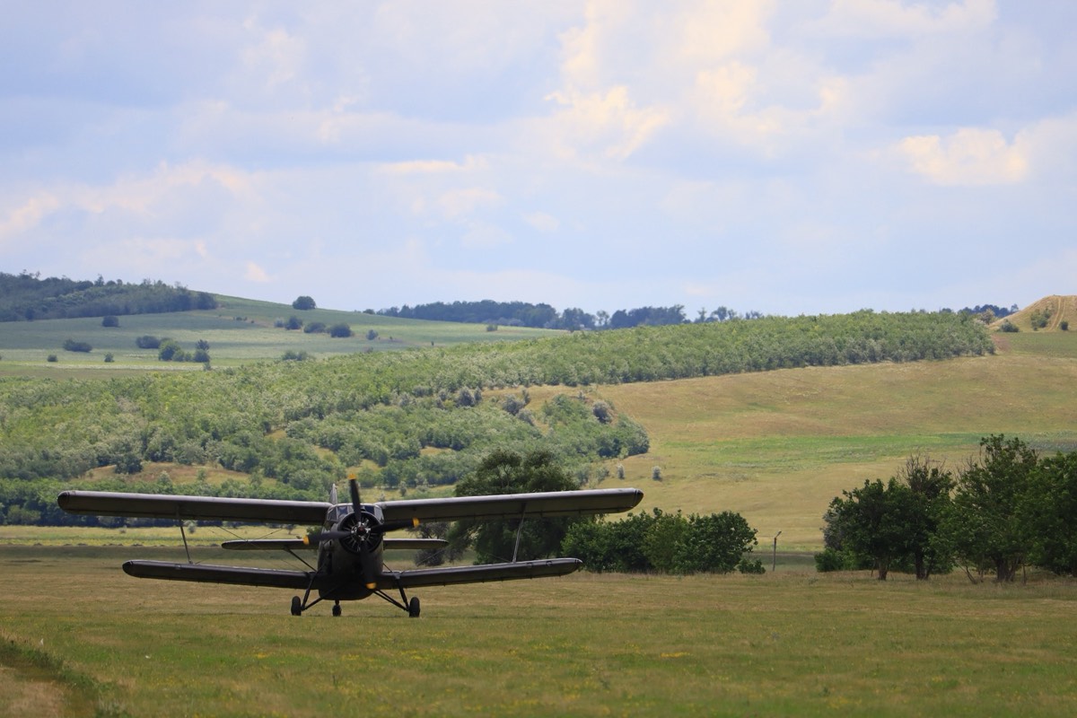 Vintage propeller aircraft on a small airfield runway